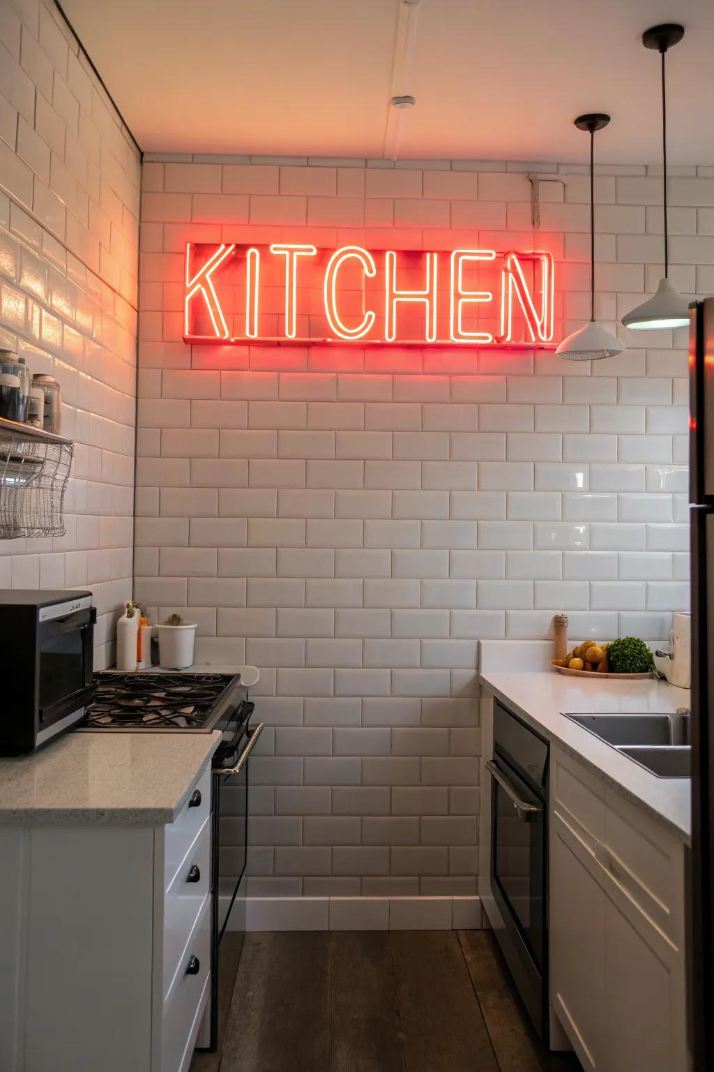 Neon signs add a playful and modern flair to kitchen walls.