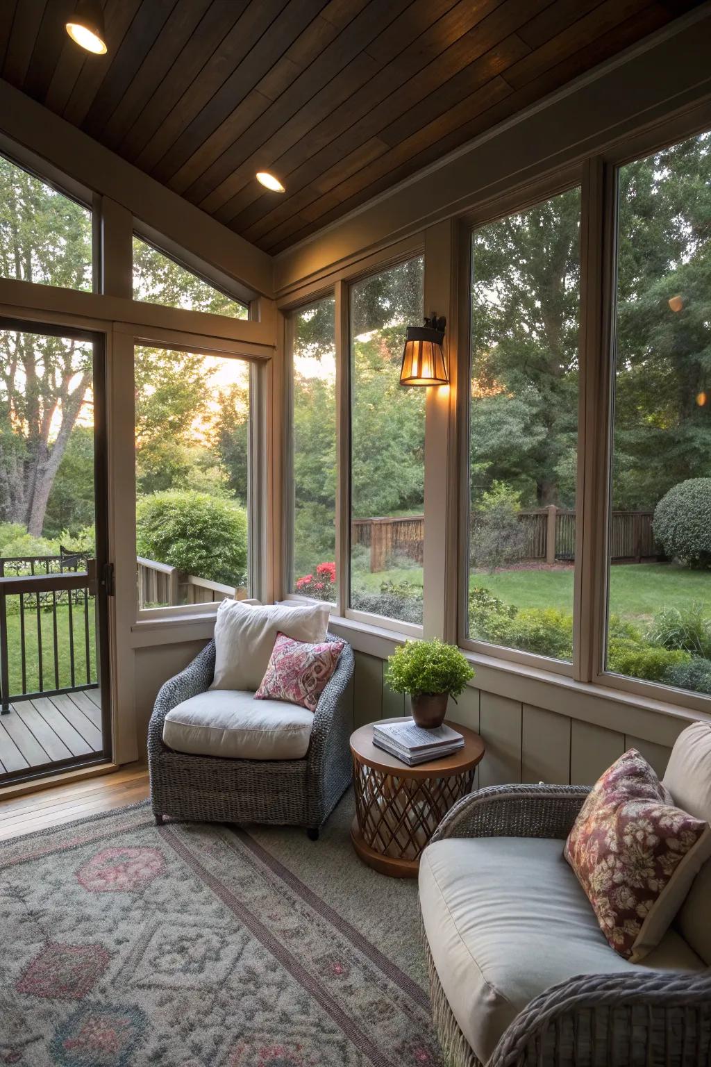 A cozy reading nook on an enclosed deck.