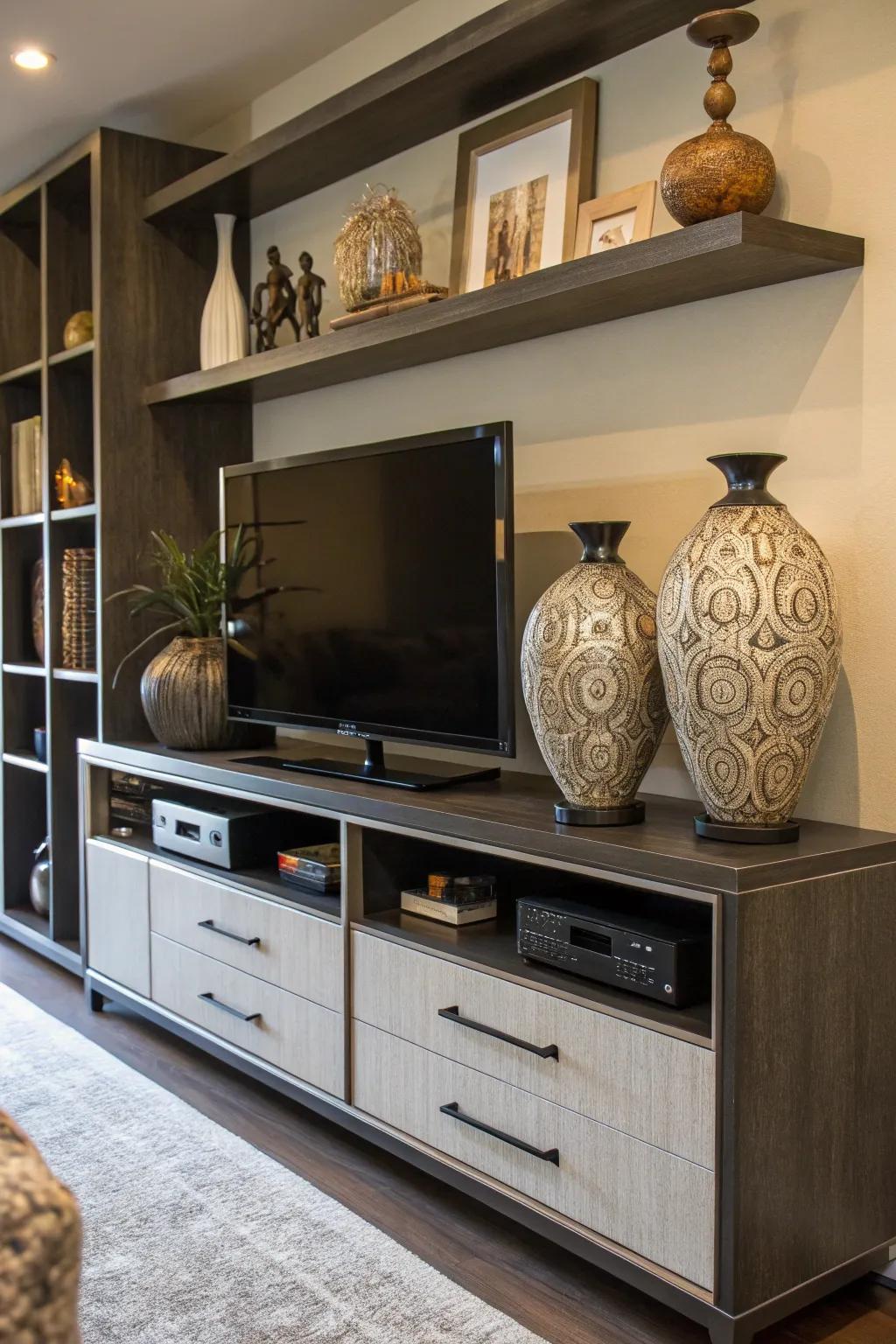 Oversized decor pieces that make use of the top space on this media center.