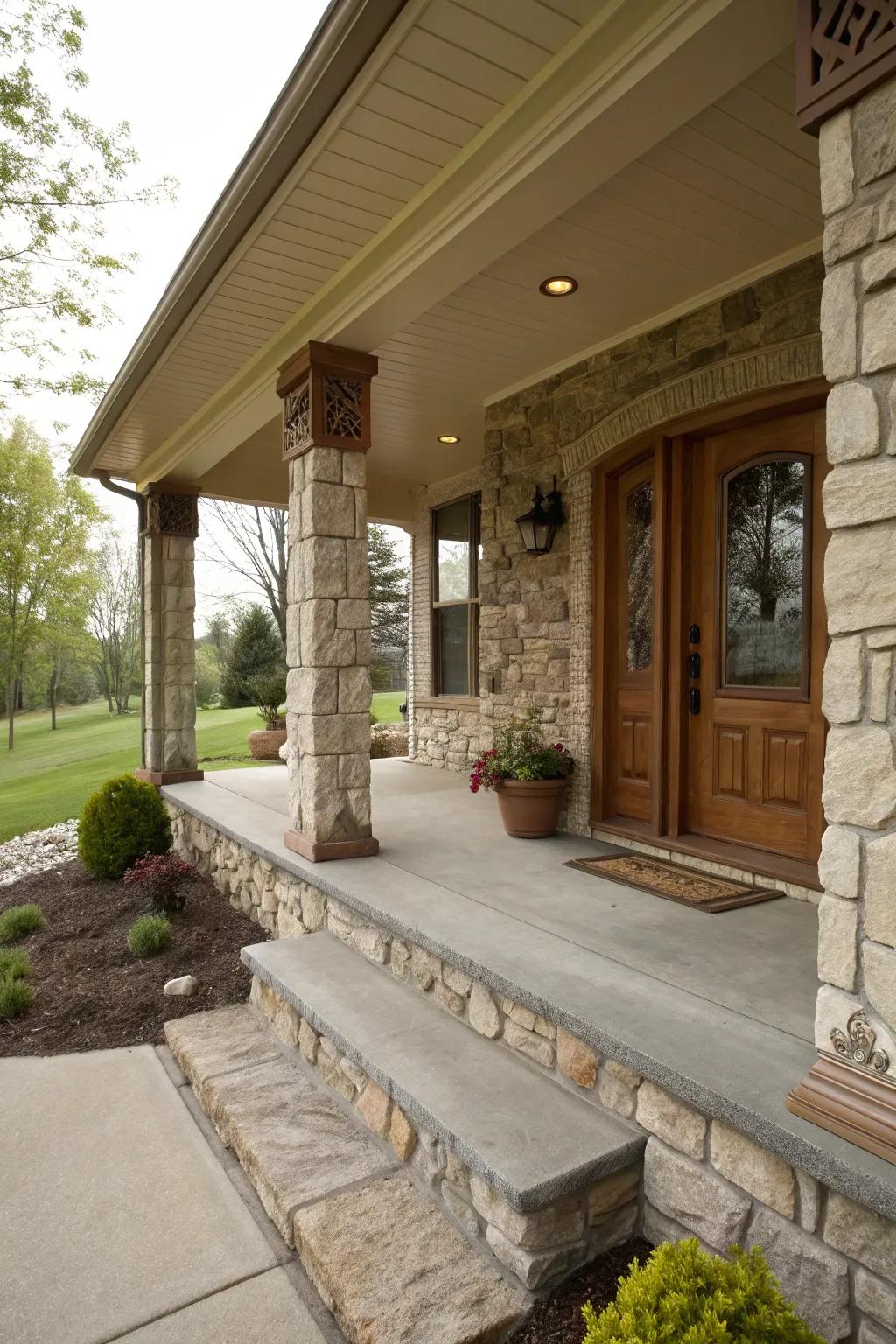 Stone impressions that contribute cohesive charm to the porch design.