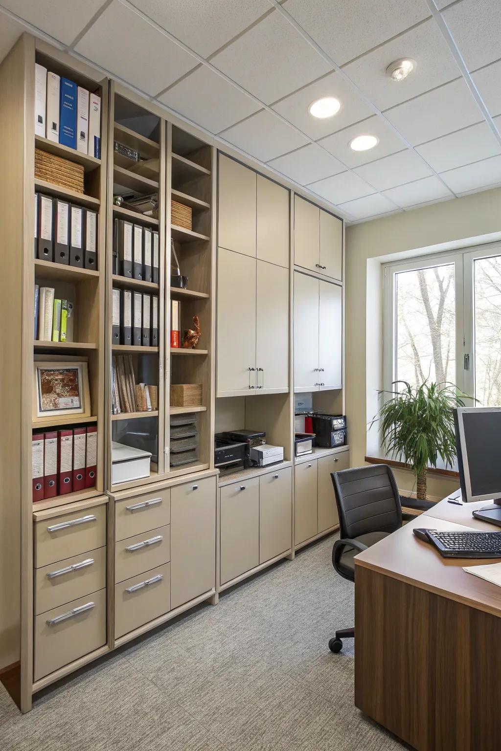 Vertical storage solutions maintain an open floor space.