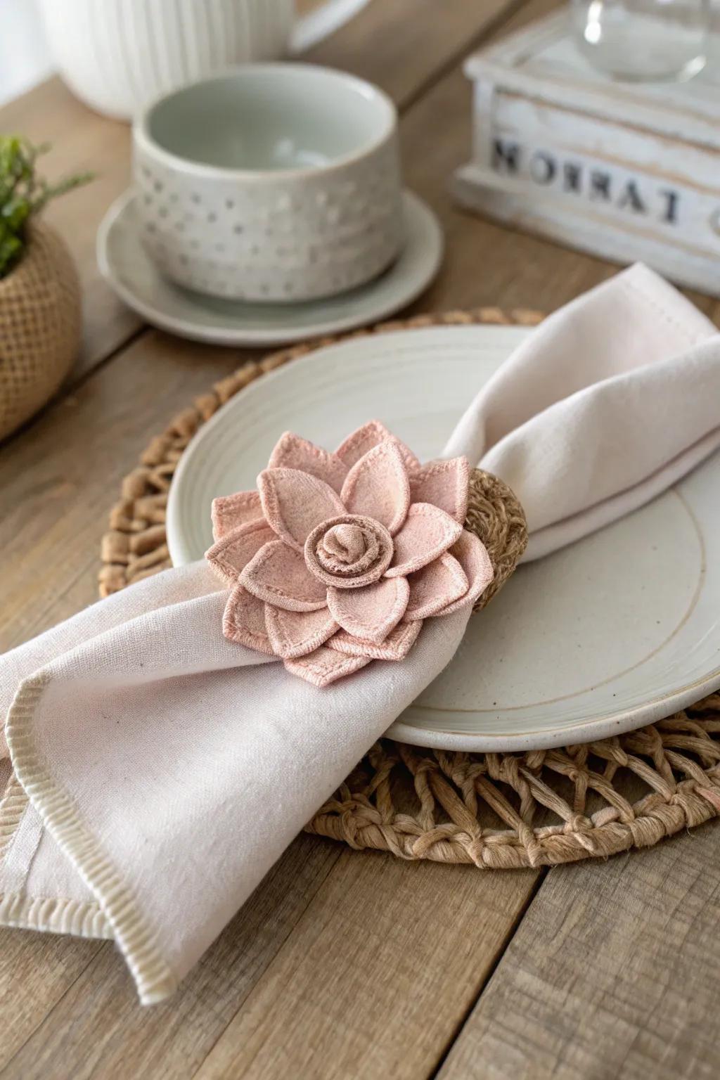 Elevate your table setting with these charming textile flower napkin bands, blending minimalist elegance with a hint of Boho flair.
