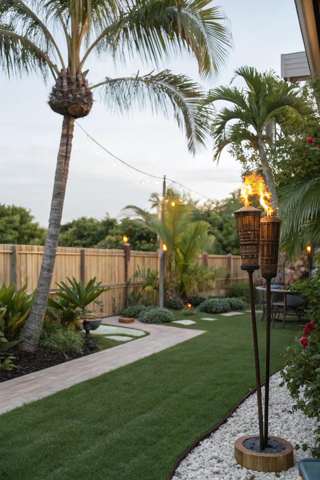 A tropical retreat-themed patio with lush artificial grass.