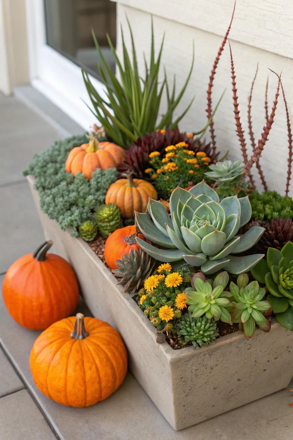 Succulents and pumpkins offer a modern twist on traditional fall decor.