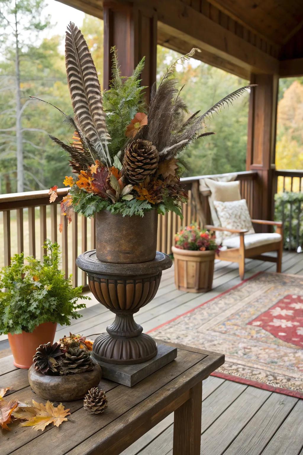 Forest-like whimsy with plumes and tree cones in an autumn container.