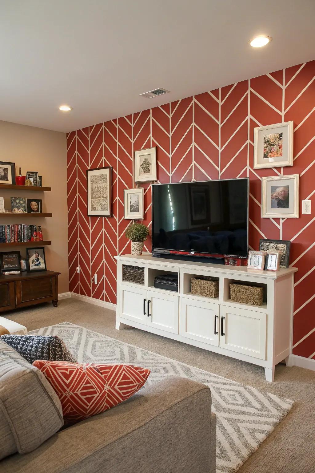 A dramatic accent wall infuses elegance and drama into the family room.