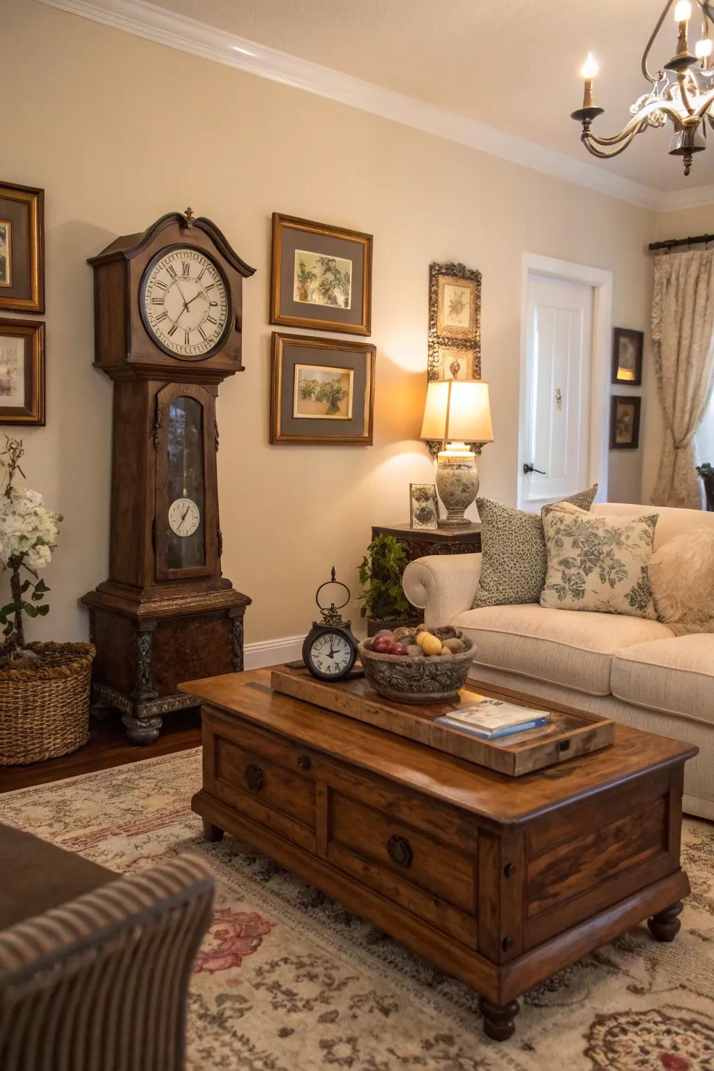 A family room enriched with character through antiquated discoveries.