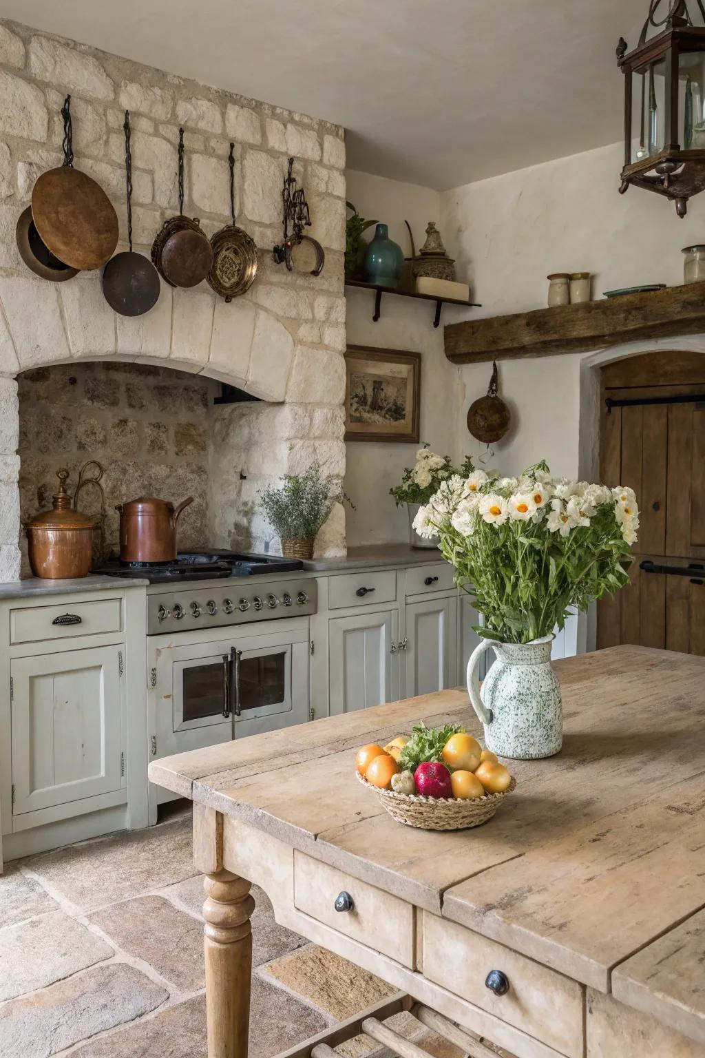 Texture injects depth and character into chalk-coated cabinets.