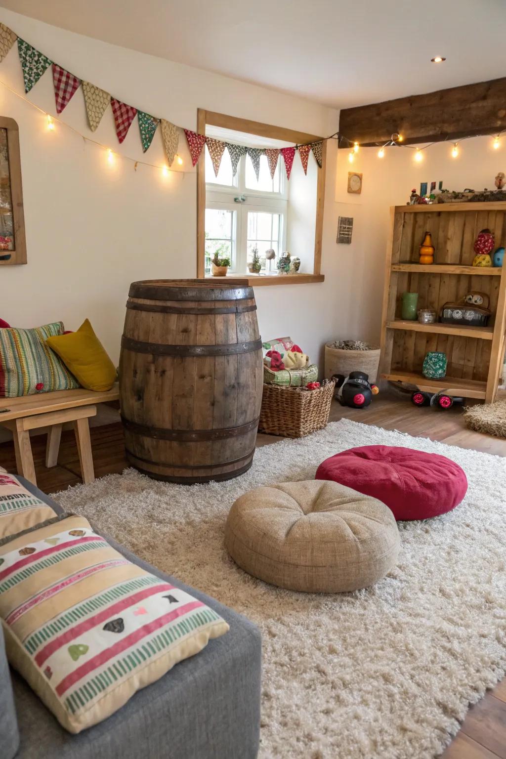 Unforeseen seating introduces a spirited accent to this farmhouse living space.