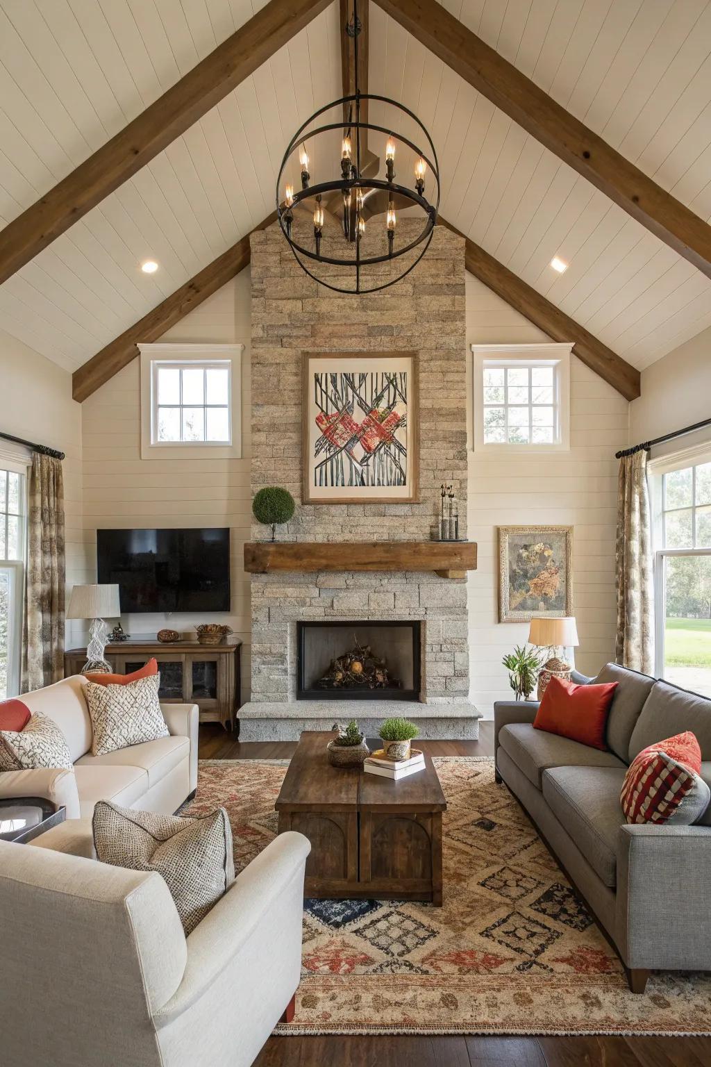 A bold art piece above the fireplace in a stylish farmhouse living room.