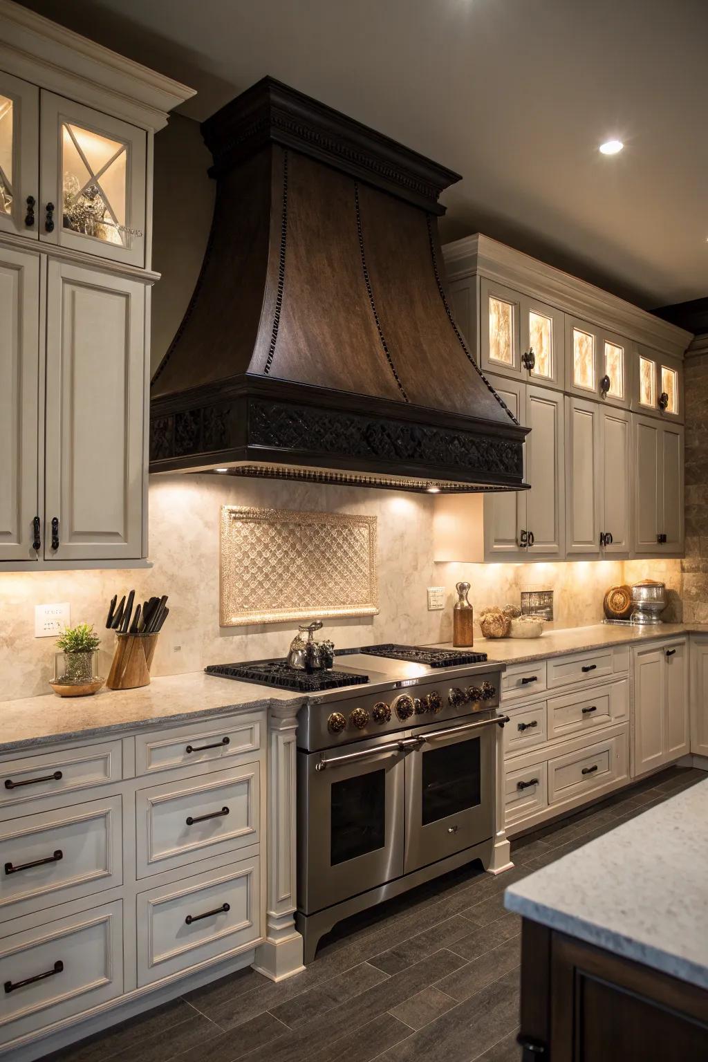 A dark wood range hood creates an eye-catching contrast and boldness.