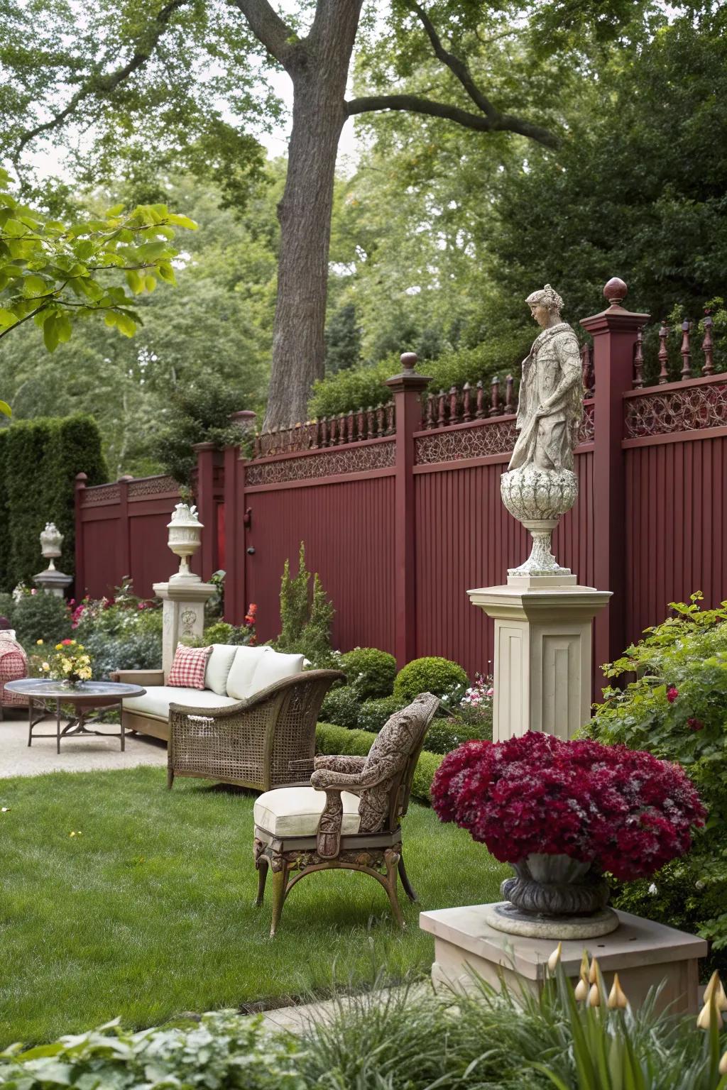 Burgundy fences add a touch of luxury to garden spaces.
