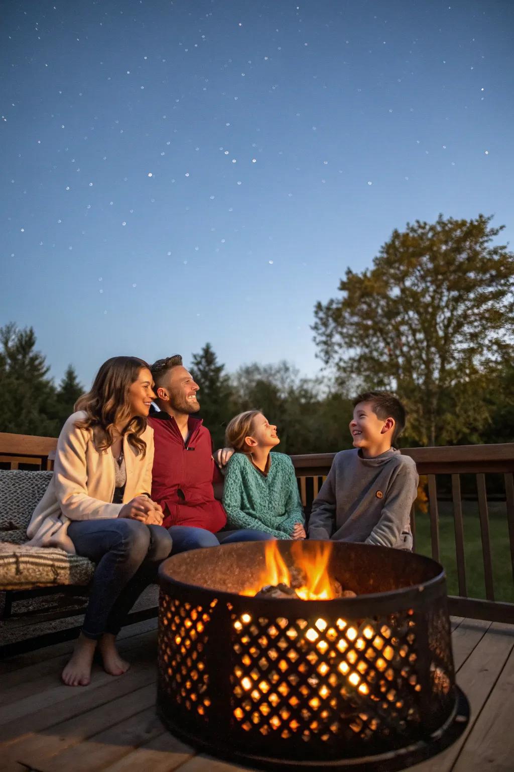 A fire pit basket serving as a cozy gathering spot for family and friends.