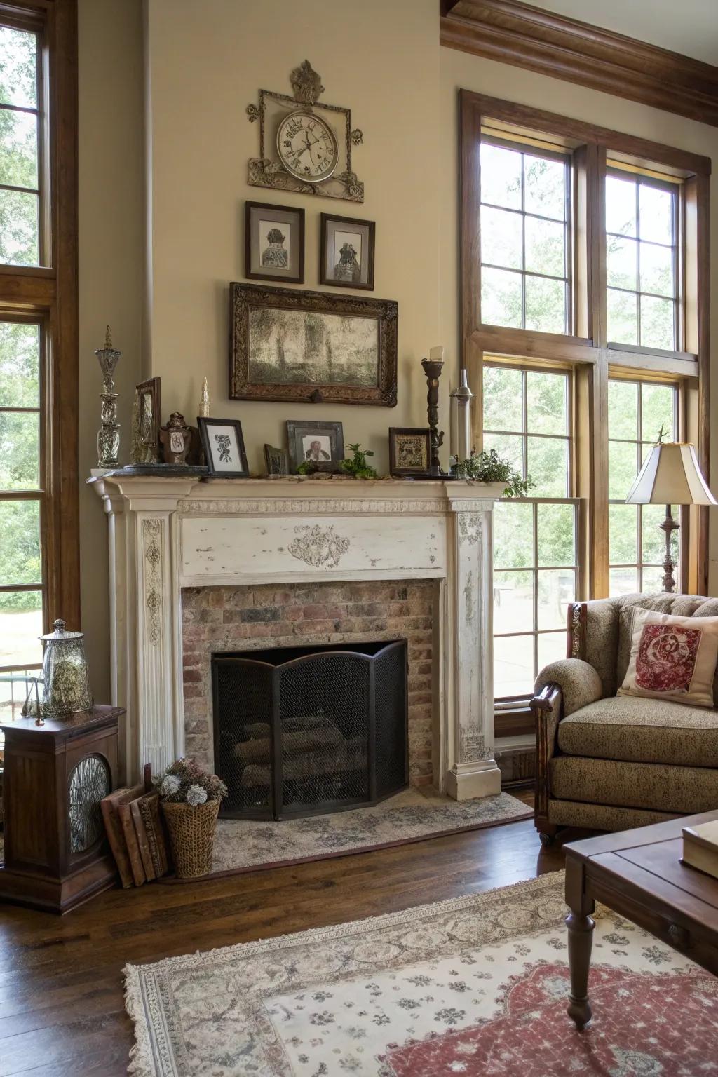 Vintage elements add a sense of history and charm to this fireplace setup.