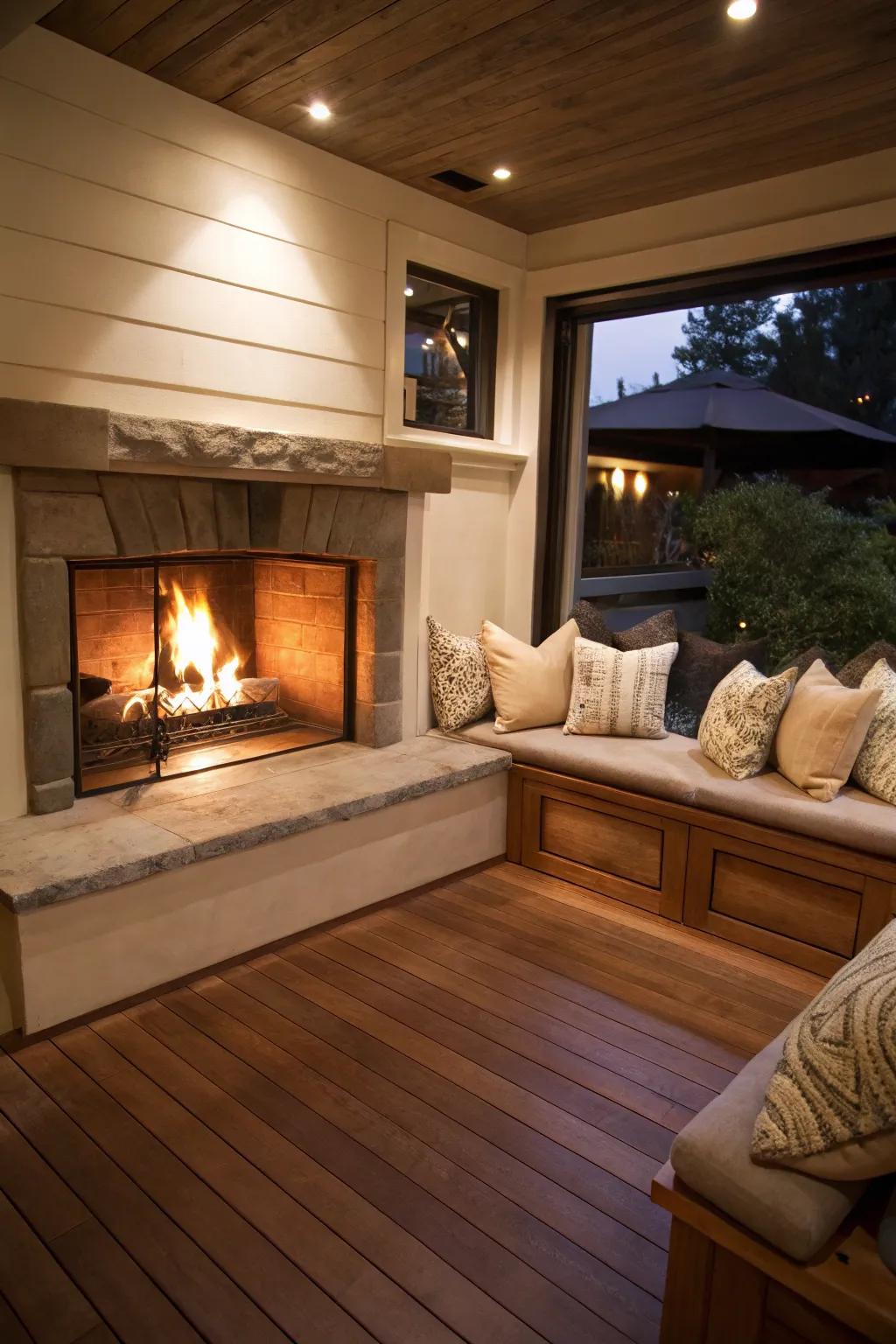 Built-in benches create a comfortable and functional space around the fireplace.