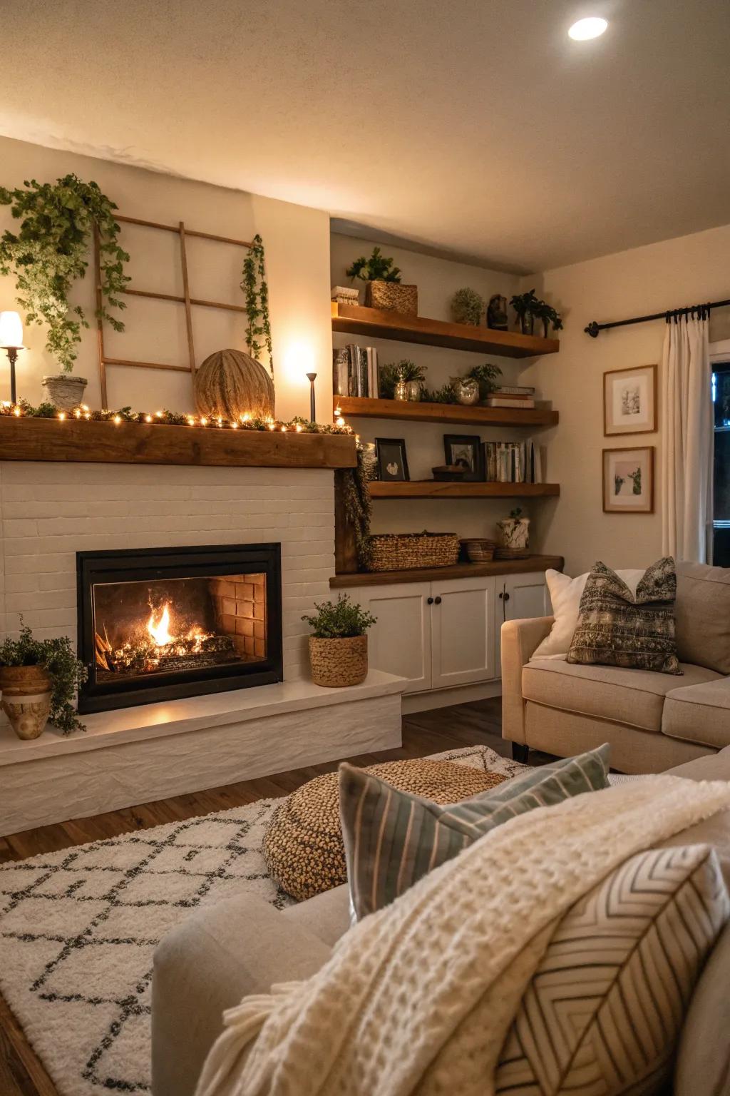 Floating shelves provide stylish storage options next to your fireplace.