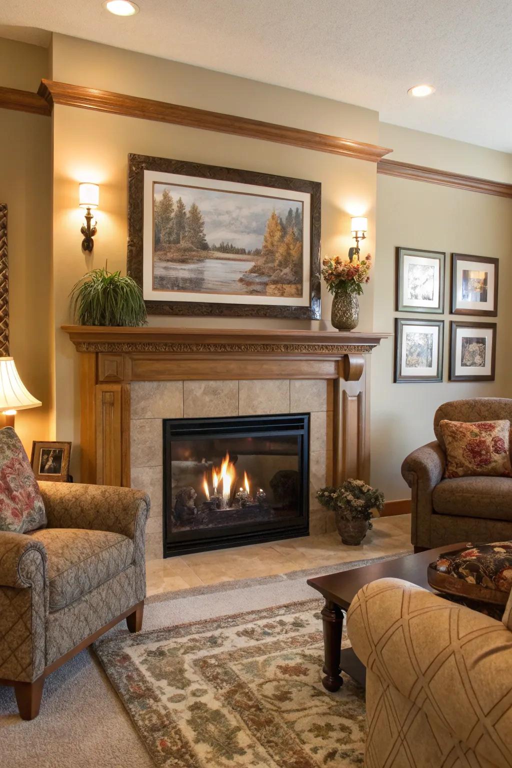 Integrating art with your fireplace adds cultural flair.