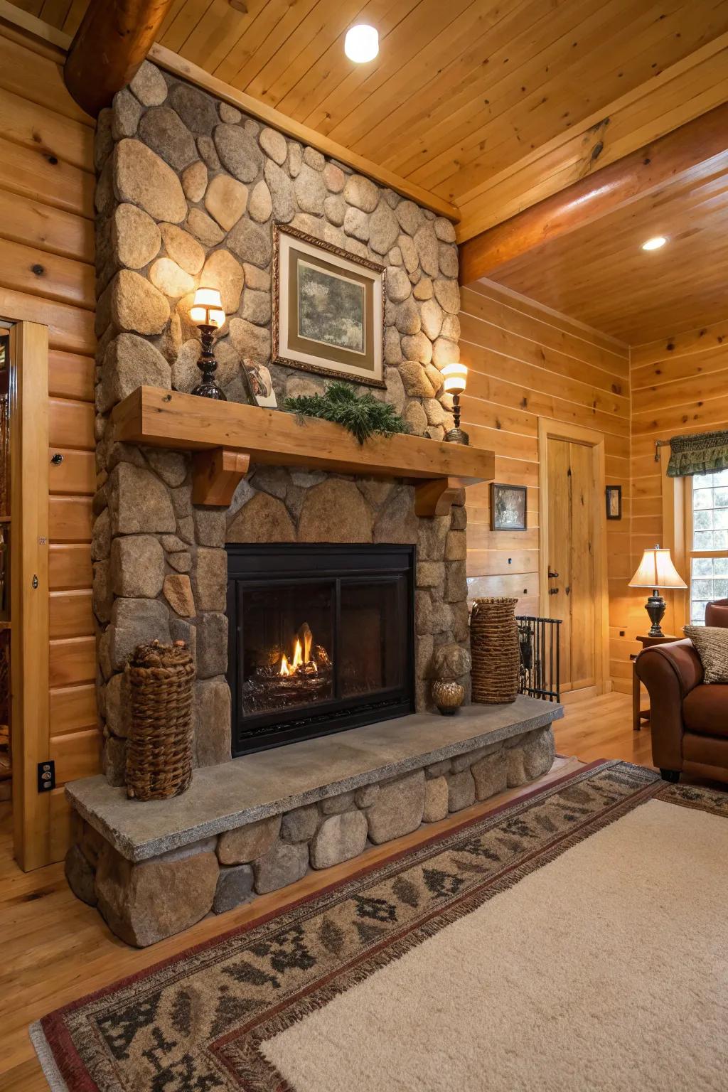 Country wood mantels add a touch of nature and coziness.