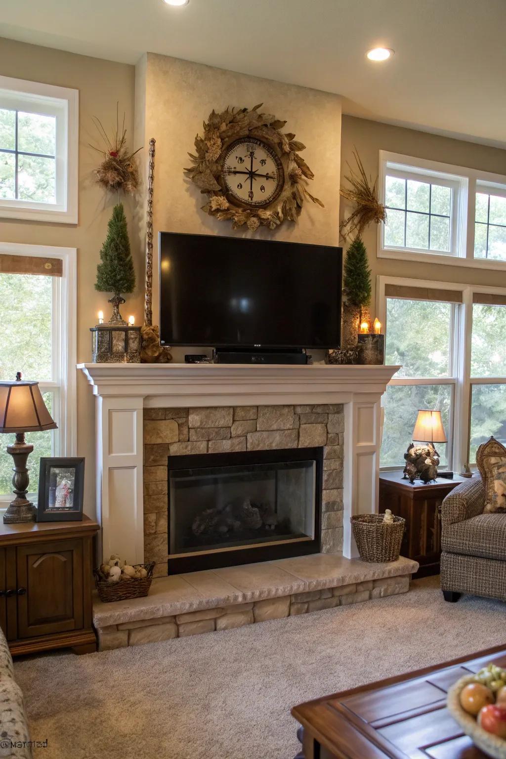 A family room showcasing a layered mantel arrangement over the fireplace.
