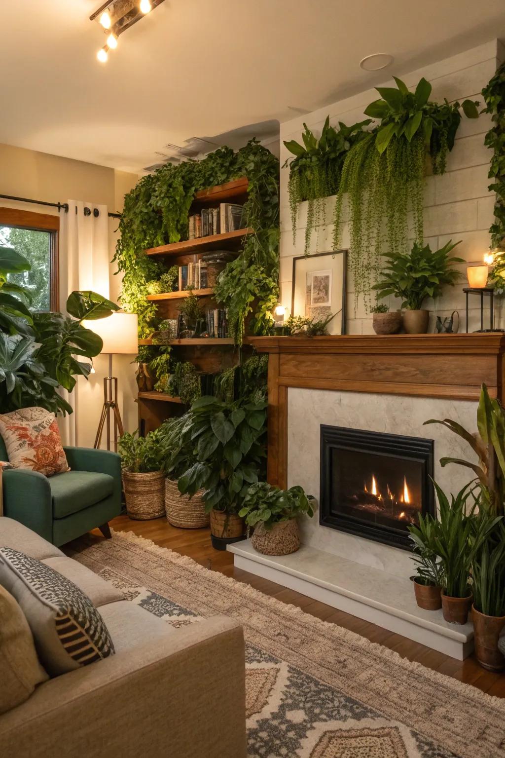 A green oasis with plants brings freshness to the room.