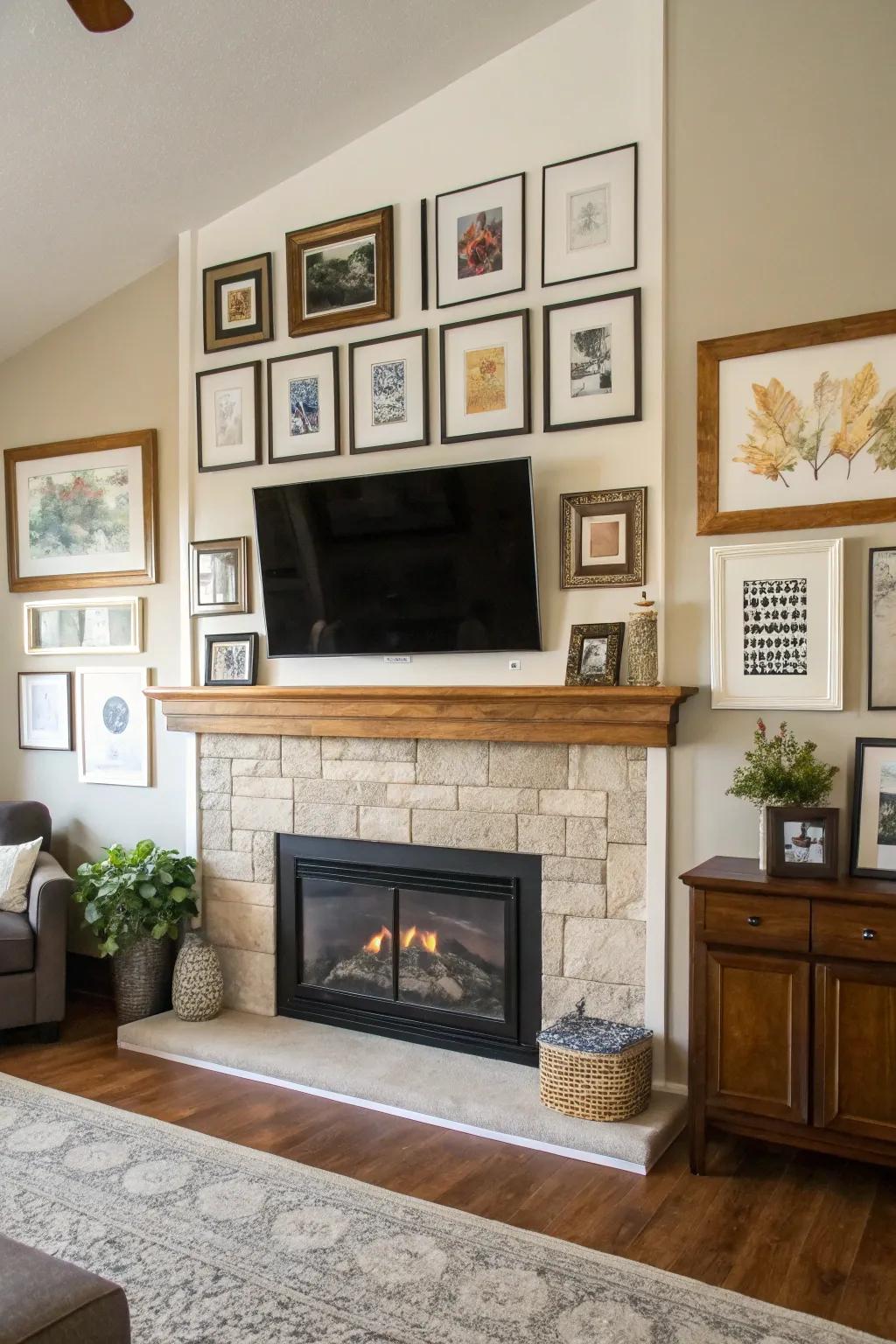 An artistic gallery wall surrounding a fireplace and TV in a living area.