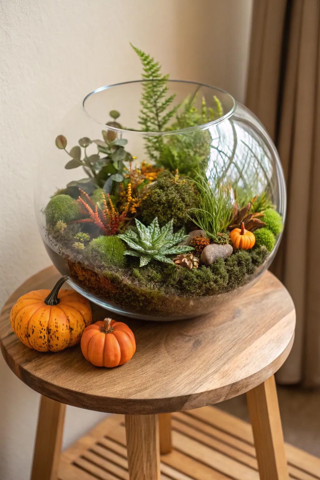 Transform your space with a seasonal terrarium centerpiece, effortlessly blending nature and elegance.