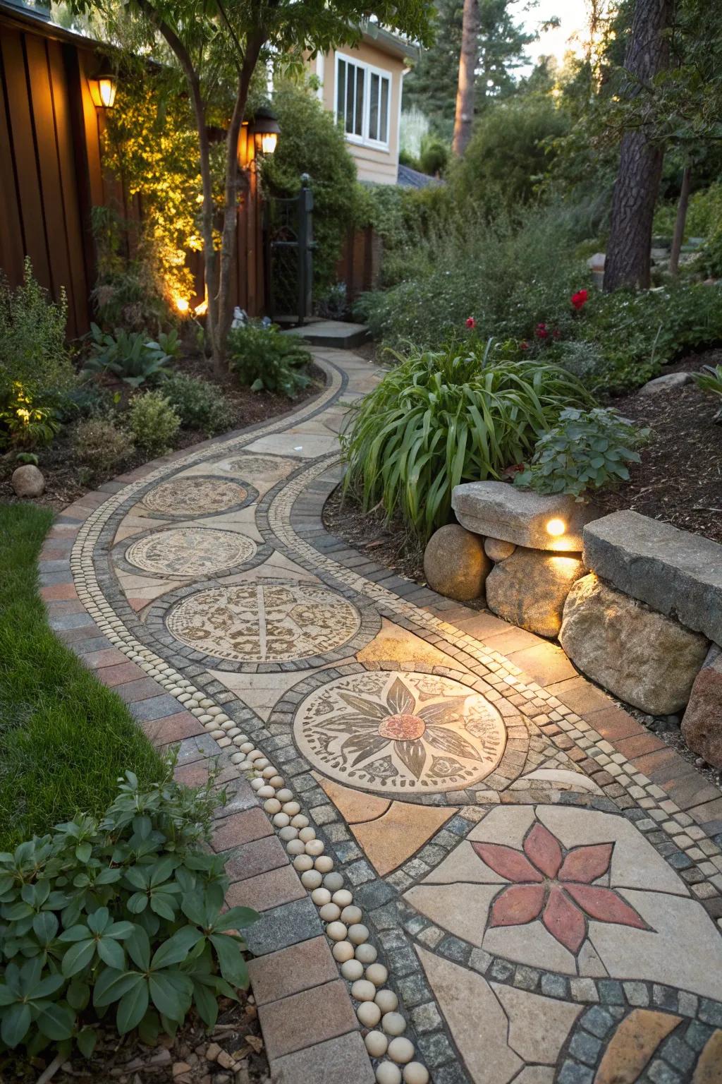 Artistic flagstone mosaics create captivating garden edges.