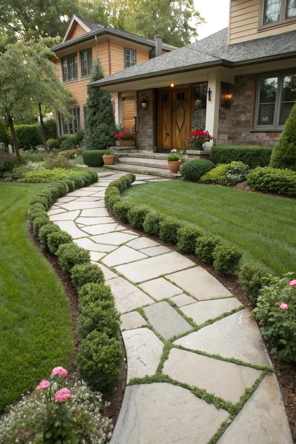 A welcoming flagstone walkway leading to a home's entrance.