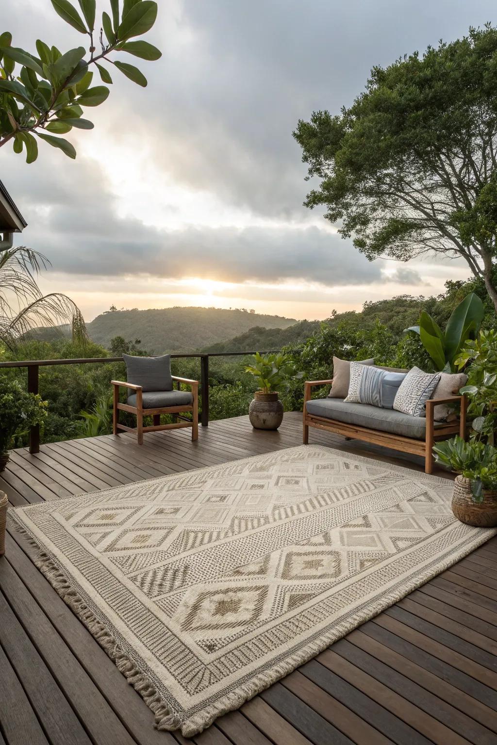 Define and cozy up your lanai with outdoor rugs.