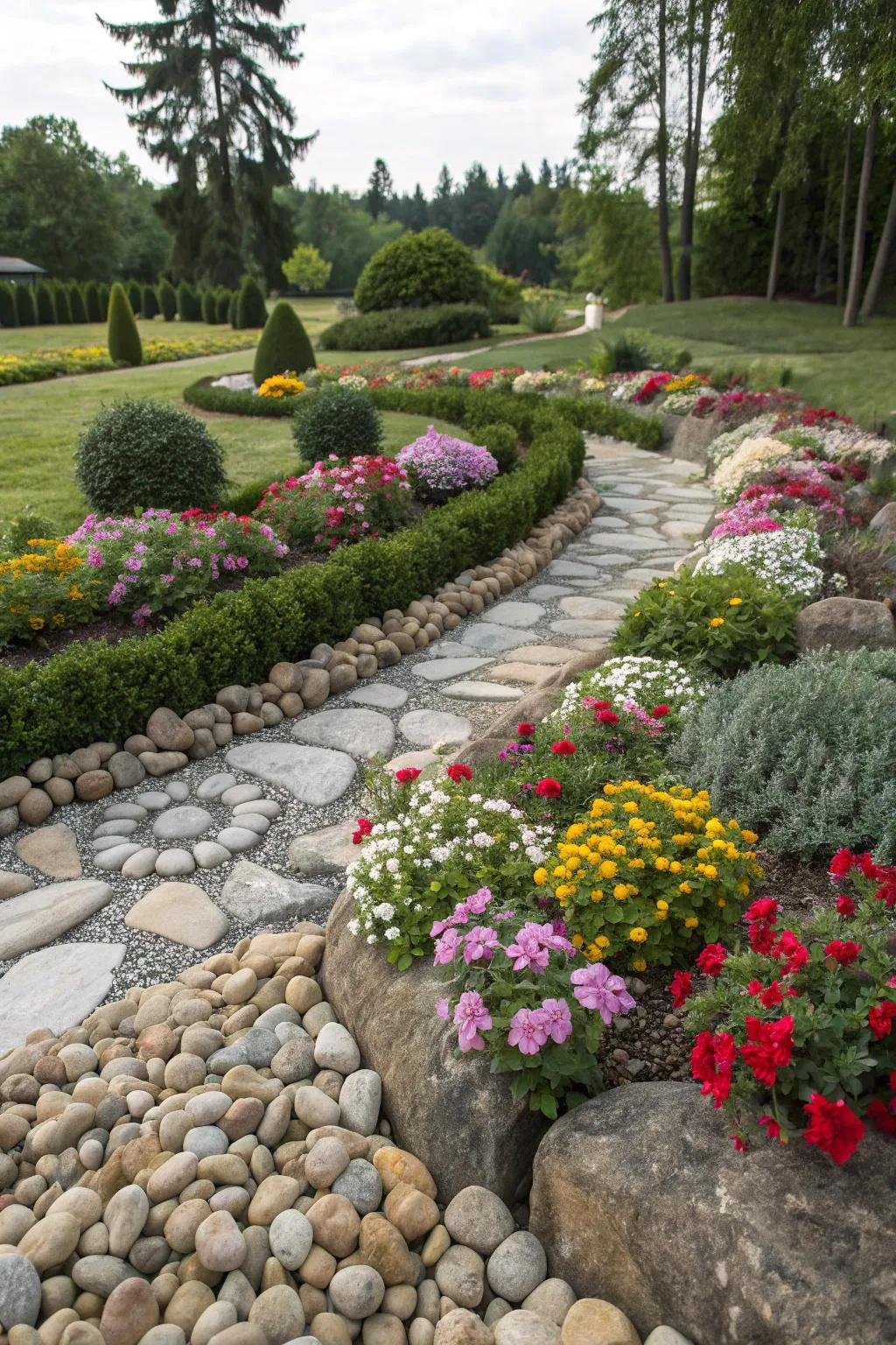Rocks and pebbles add a natural touch and structure to garden designs.