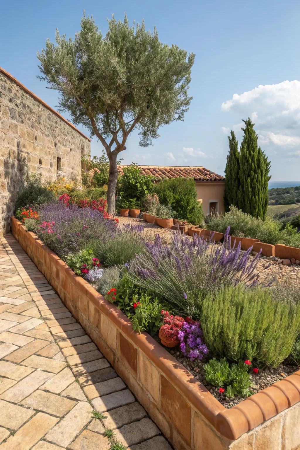 Fired clay slabs impart a balmy, Mediterranean vibrancy to flower beds.