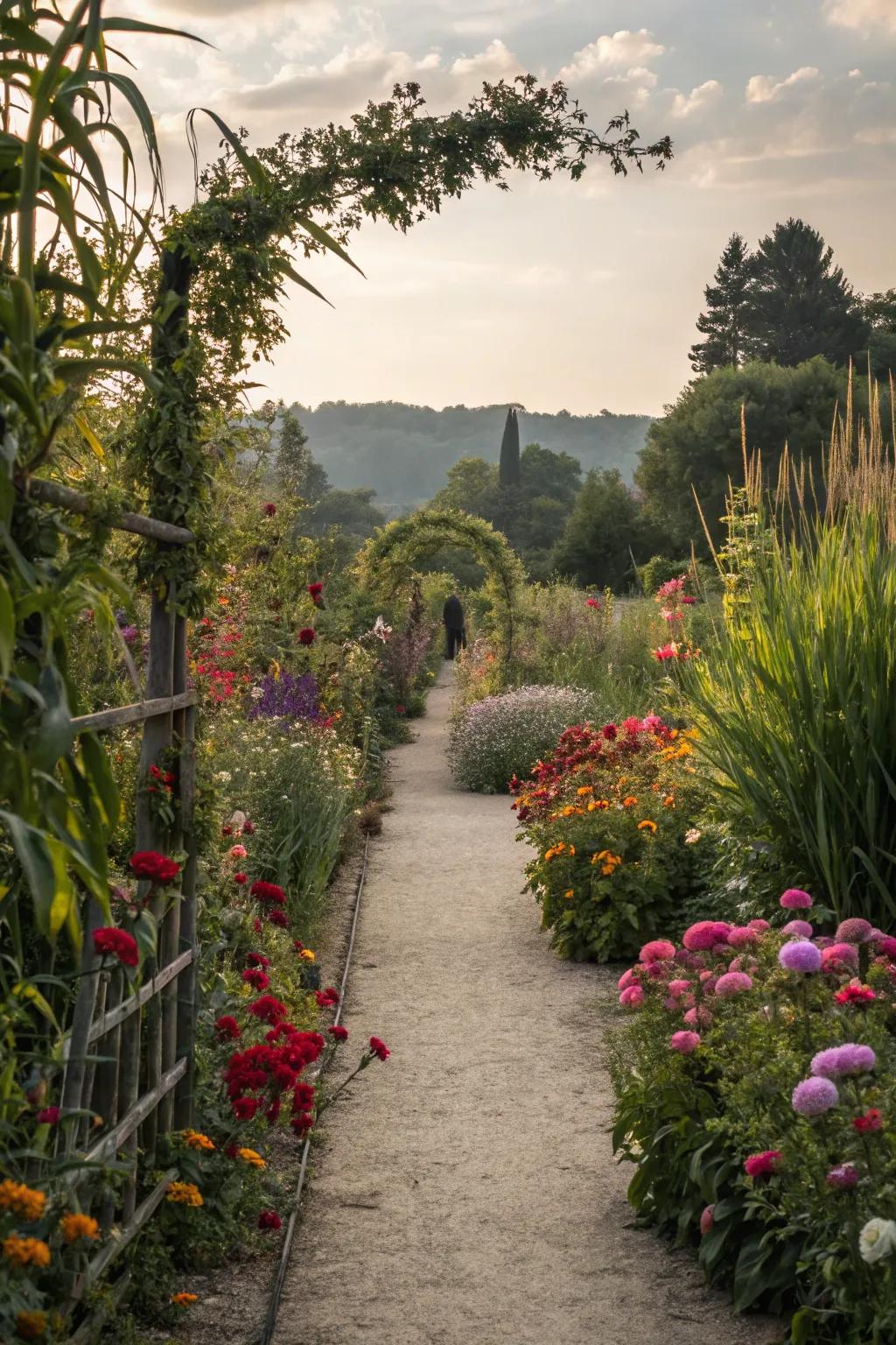 A dramatic flower border featuring tall plants that add privacy and visual interest.