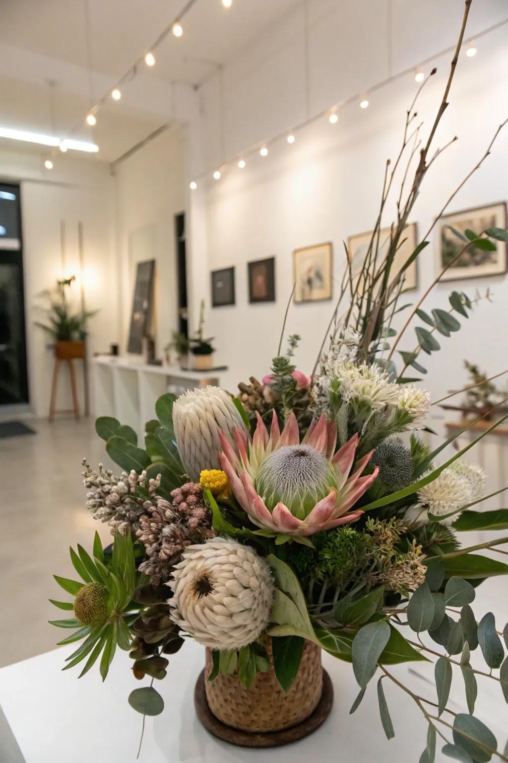 An artistic bouquet serving as a creative centerpiece in a modern studio.
