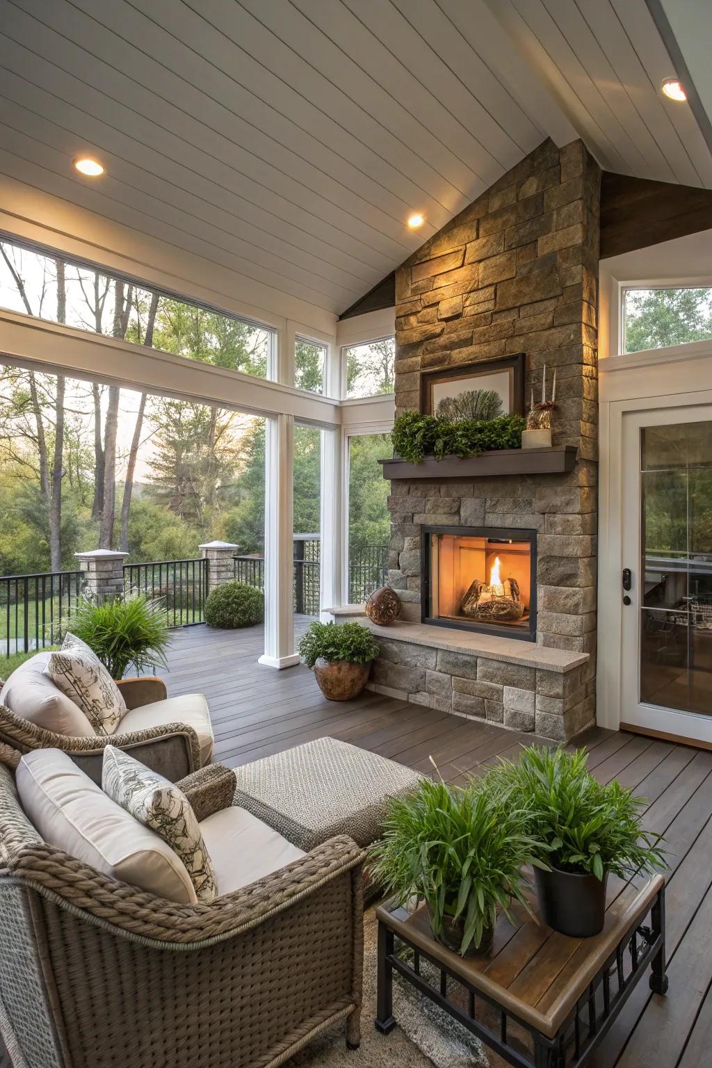 An indoor-outdoor fireplace connecting spaces.