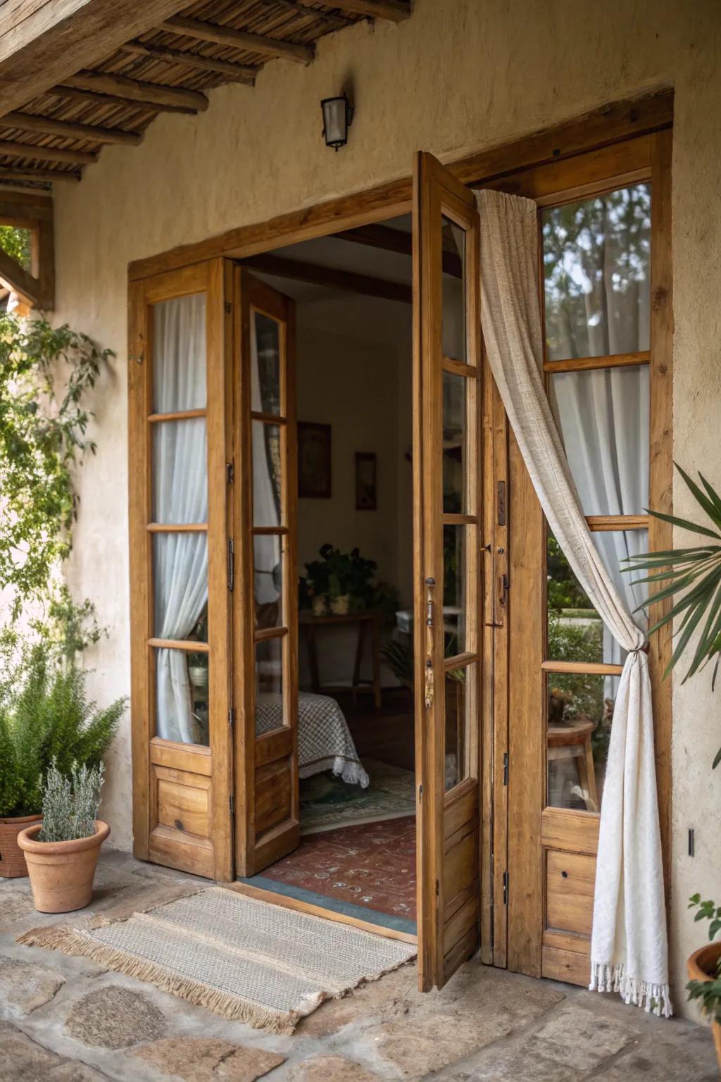 Infusing rustic charm with wooden-framed French doors