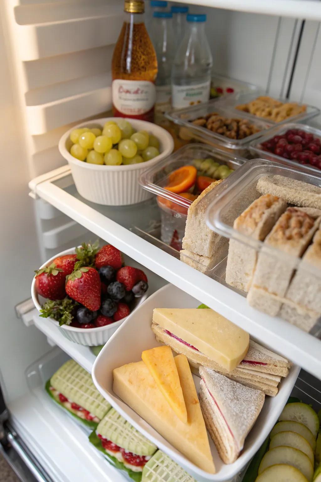 Top shelf organized with easy-to-access snacks and leftovers.