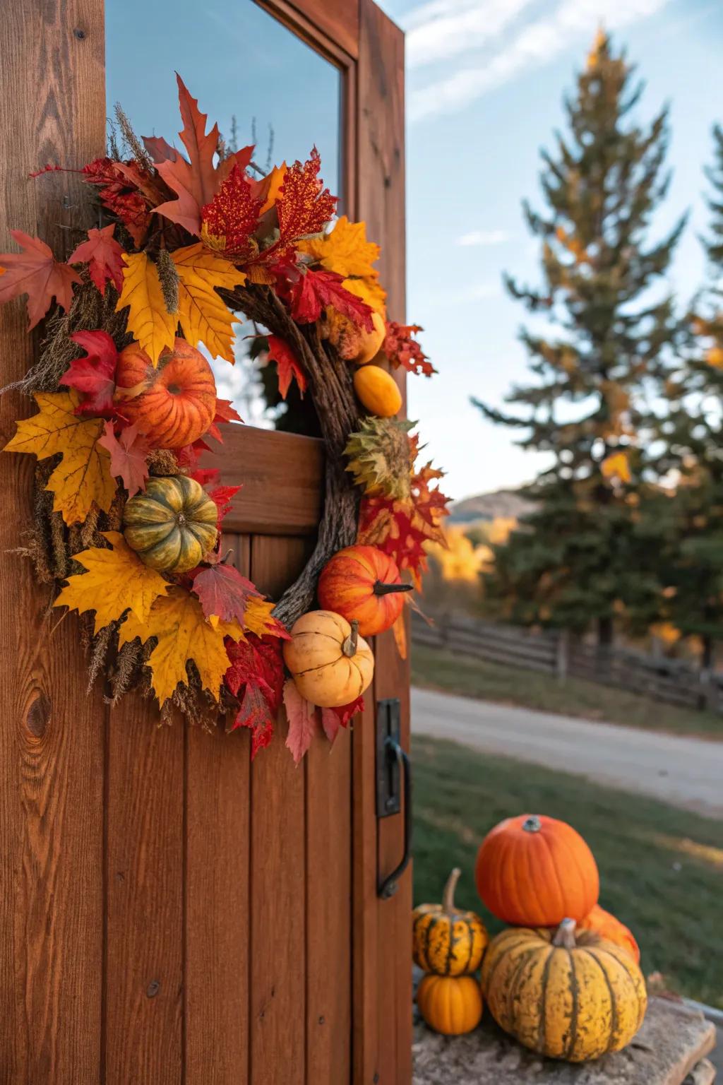 An autumn harvest wreath celebrating the hues and richness of fall.