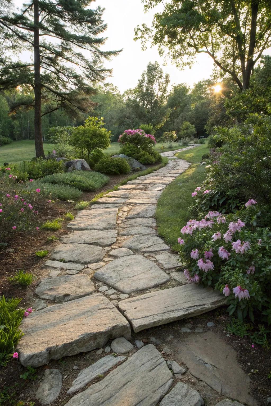 Authentic stone slabs present an exquisitely organic path.