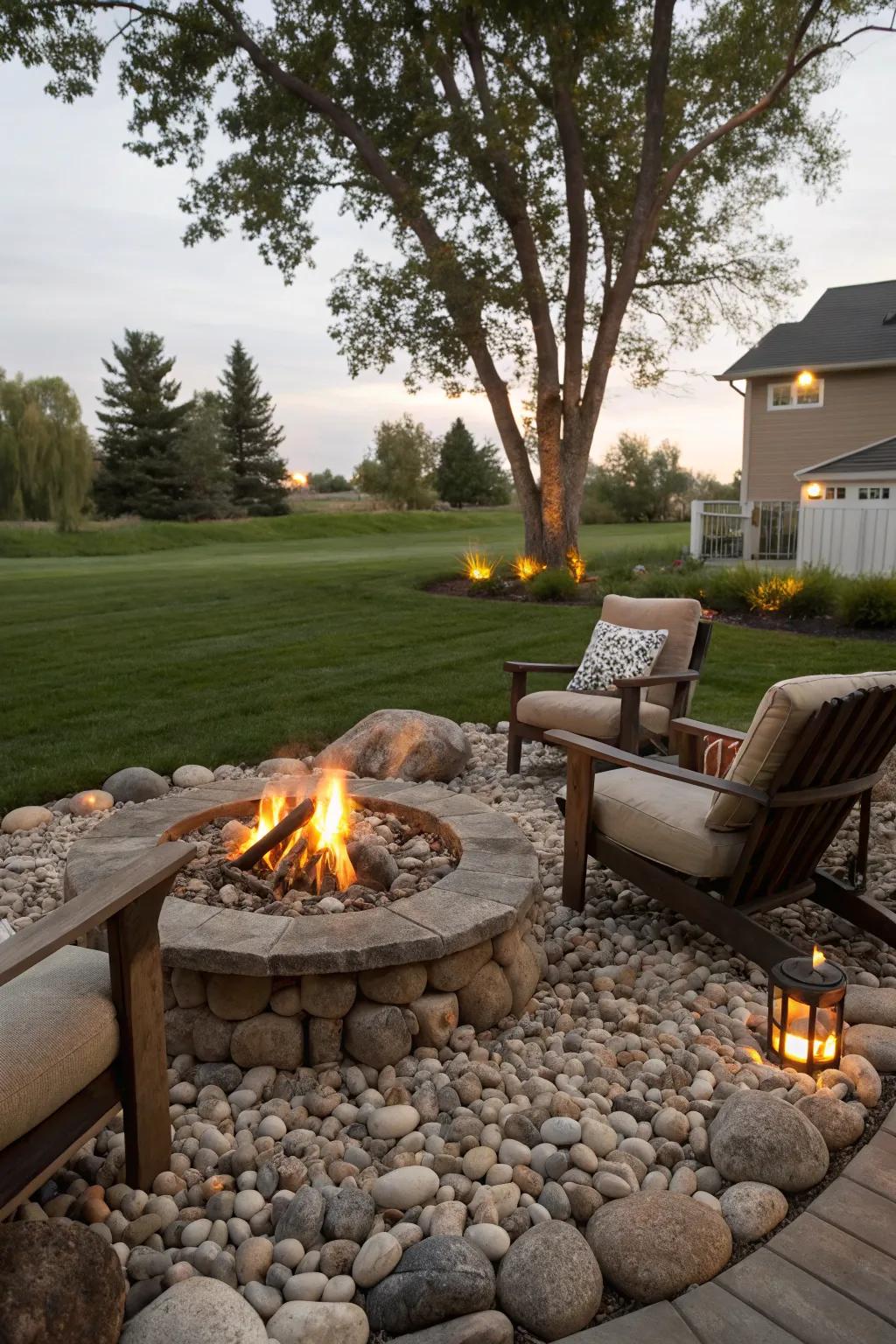 River rocks form a natural setting for a welcoming hearth.