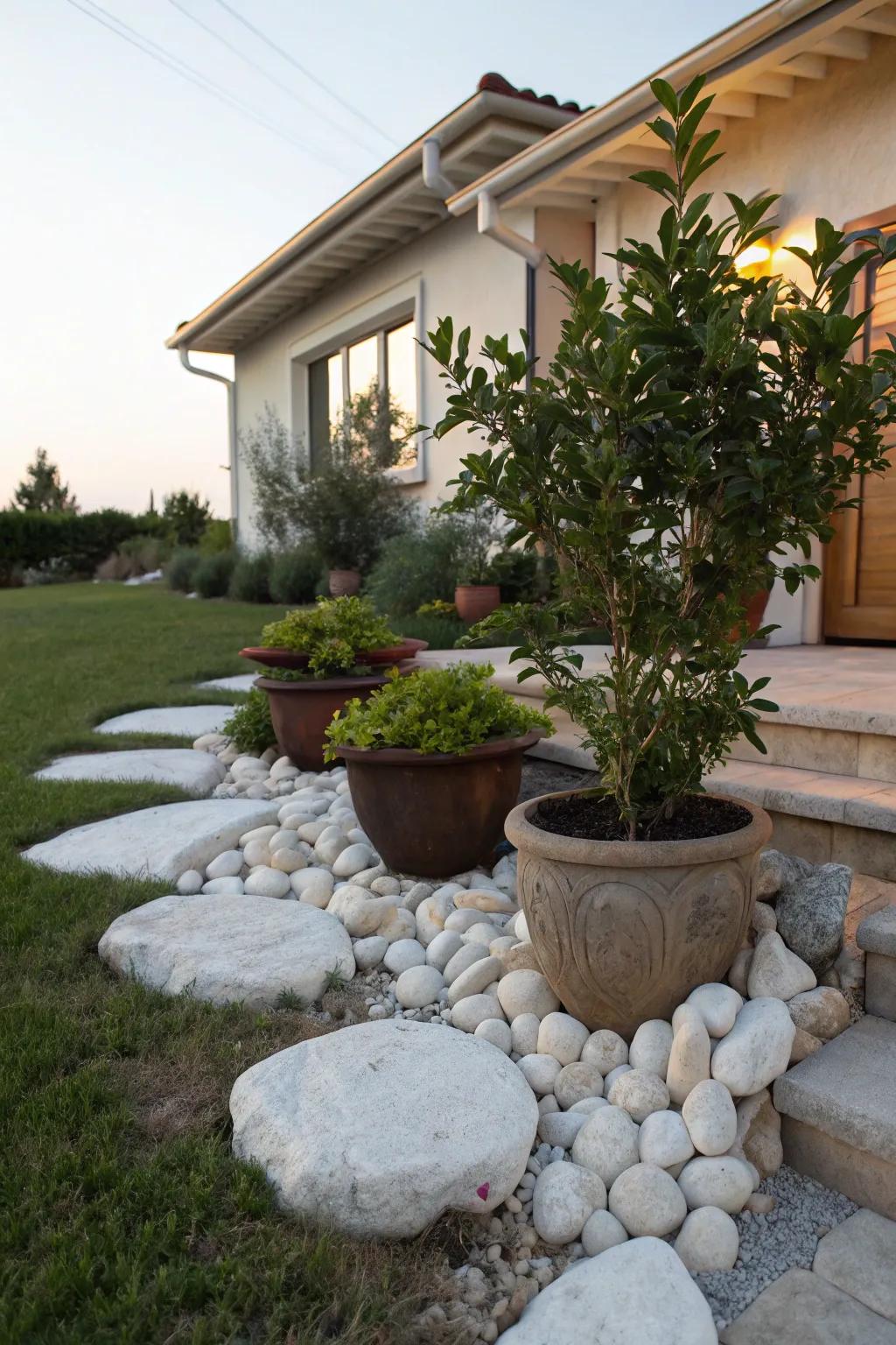 Showcase potted plants with a white rock base.