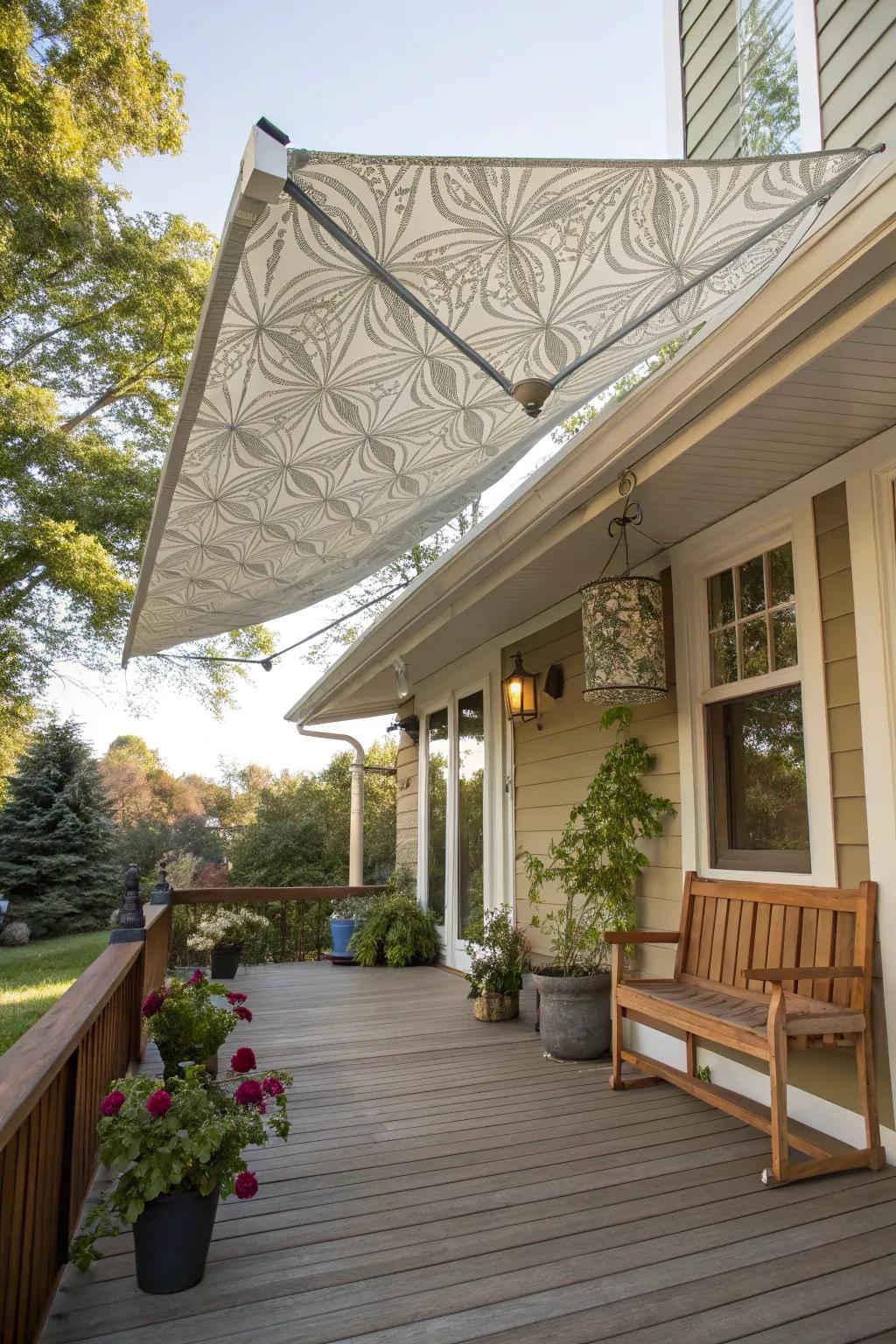 Collapsible paper-art awnings present artful versatility.