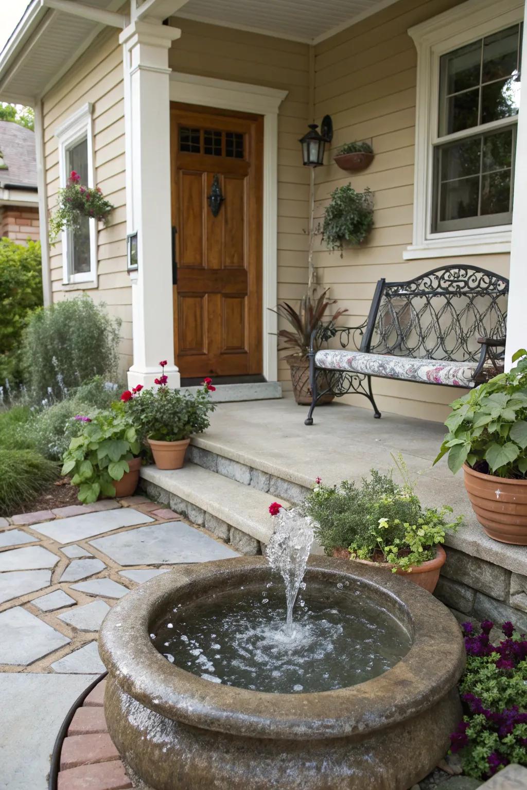 A compact gurgling fountain imparts a tranquil atmosphere upon this front porch.