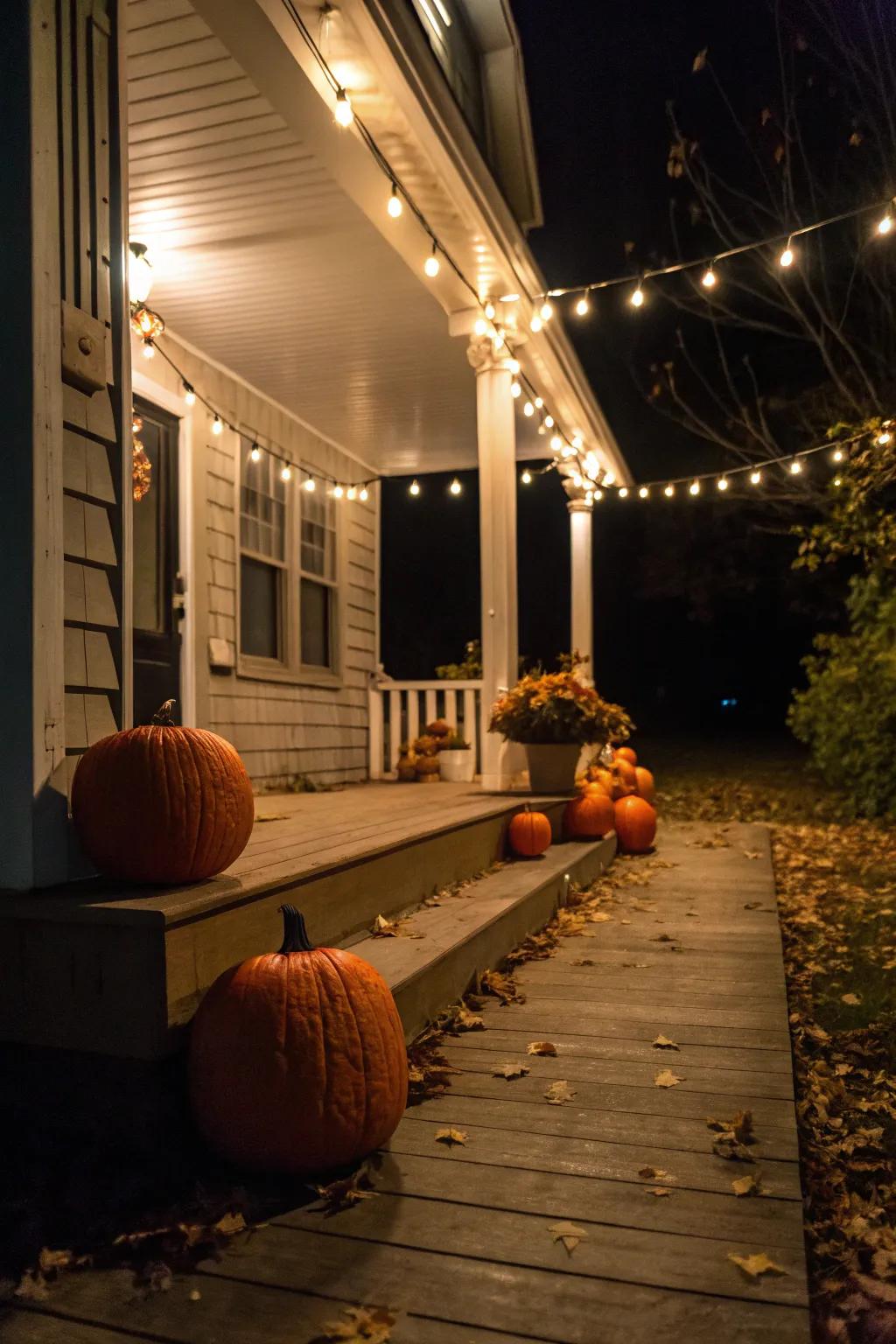 Festoon lights conceive an enchanting ambiance amidst pumpkins.