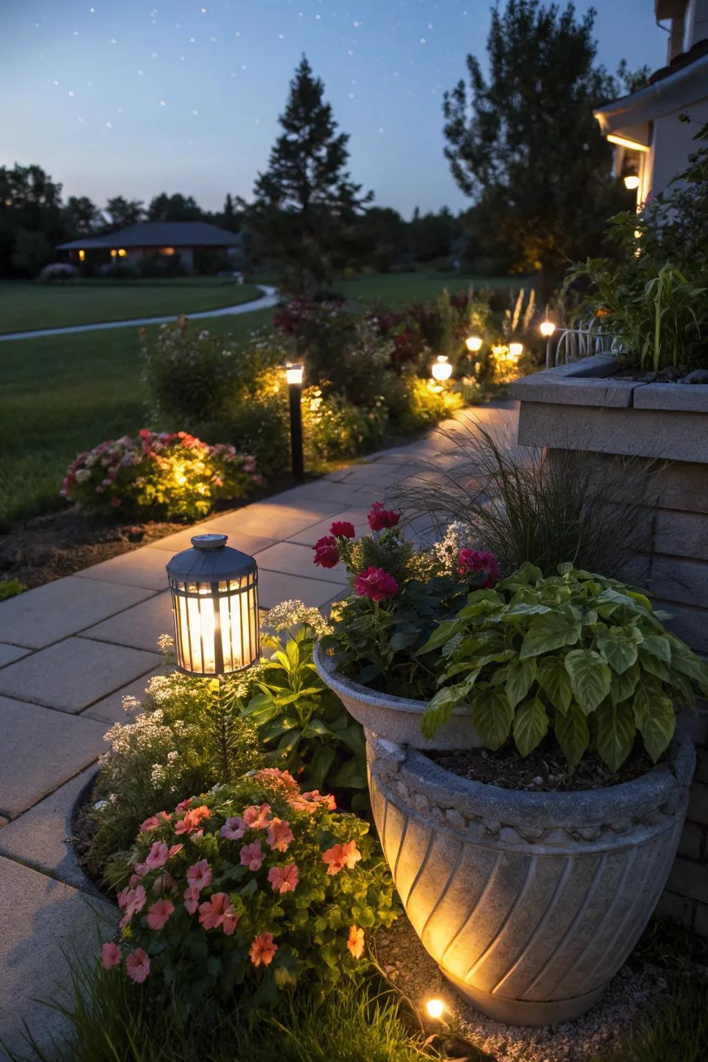 Solar lights create an enchanting evening garden.