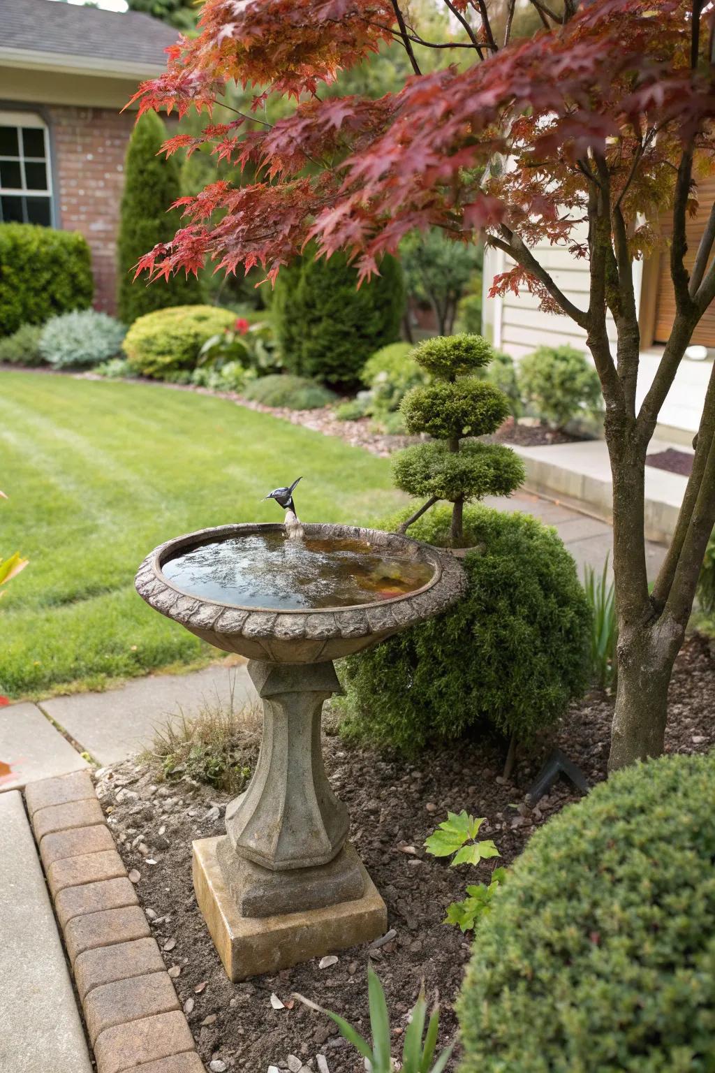 A bird bath invites wildlife to enjoy the serene environment around the Japanese maple.