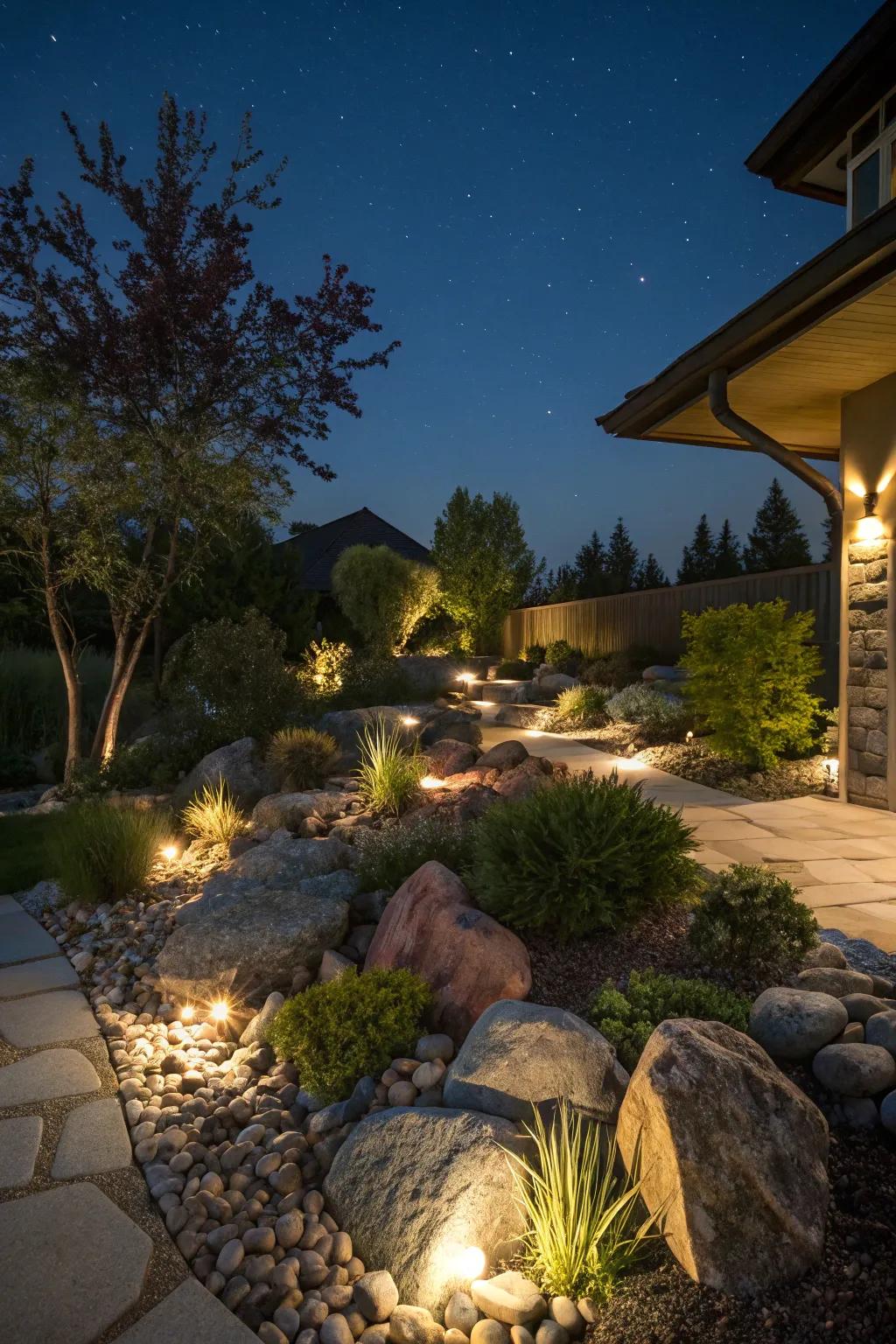 A front yard rock garden lit with strategic lighting for a night time glow.