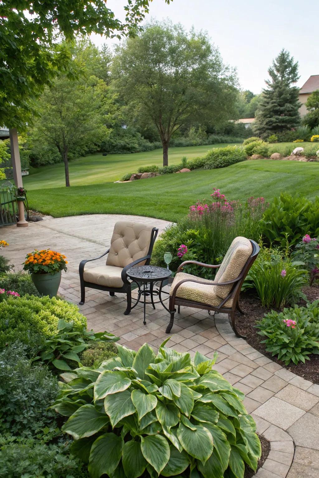 A cozy sitting nook encourages relaxation among the garden.