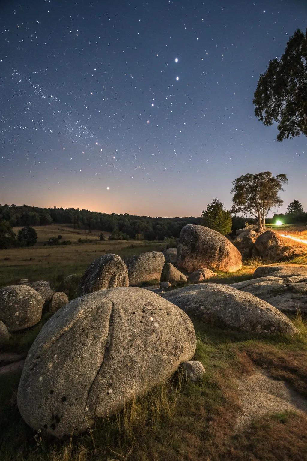 Evening light dances on boulders, transforming the night.