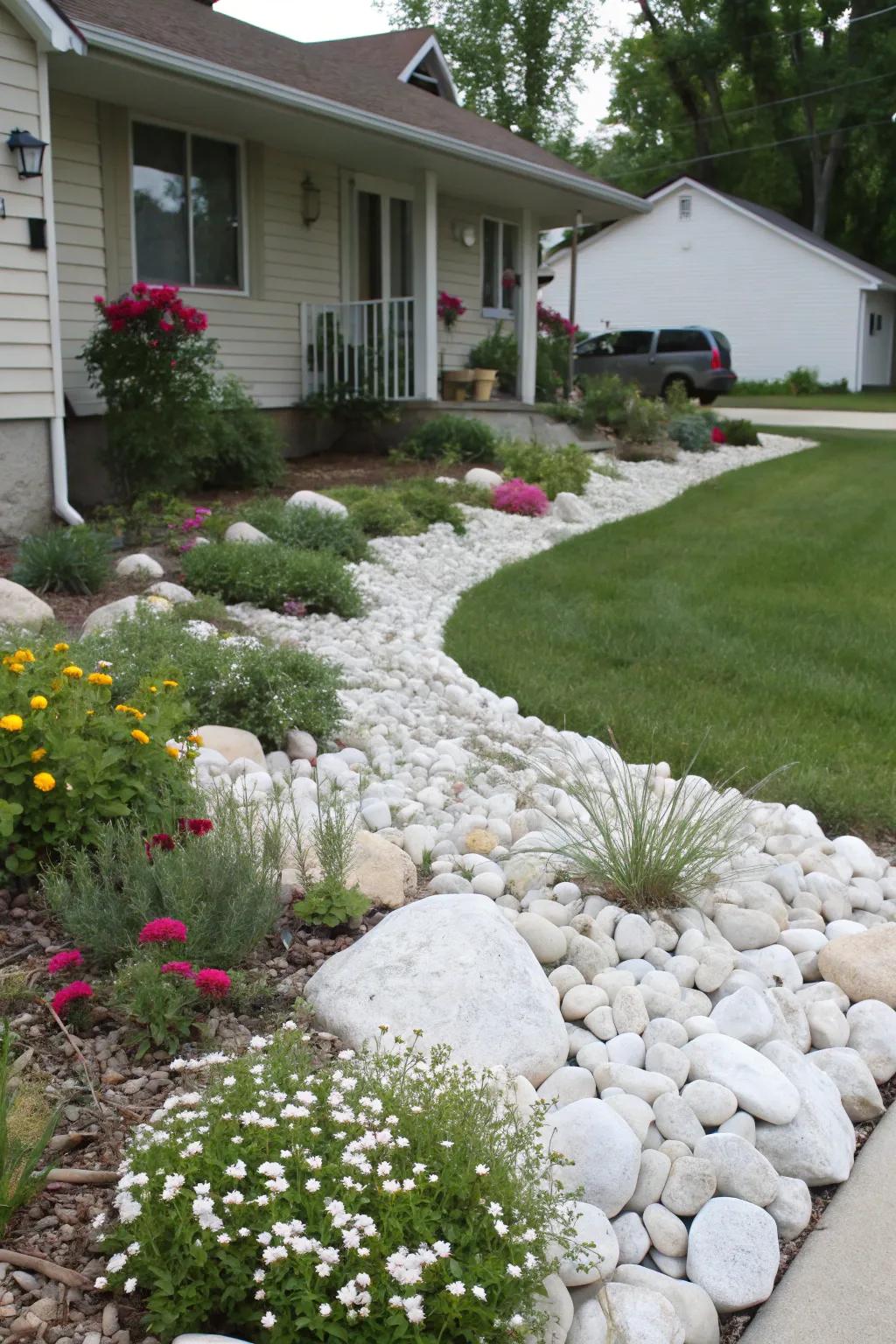 Native plants integrated with white rocks for sustainable beauty.