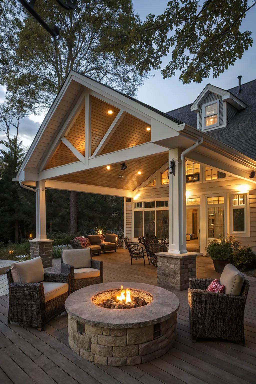 A fireplace transforms the porch into a warm spot.